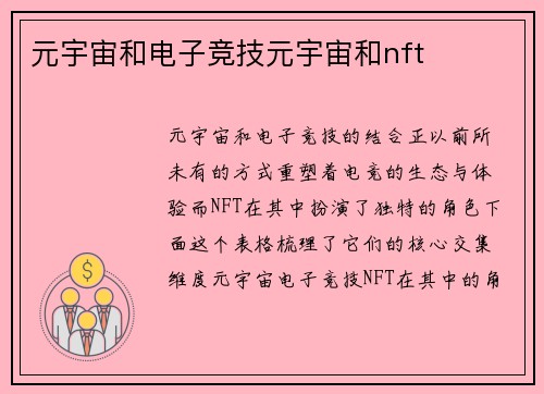 元宇宙和电子竞技元宇宙和nft